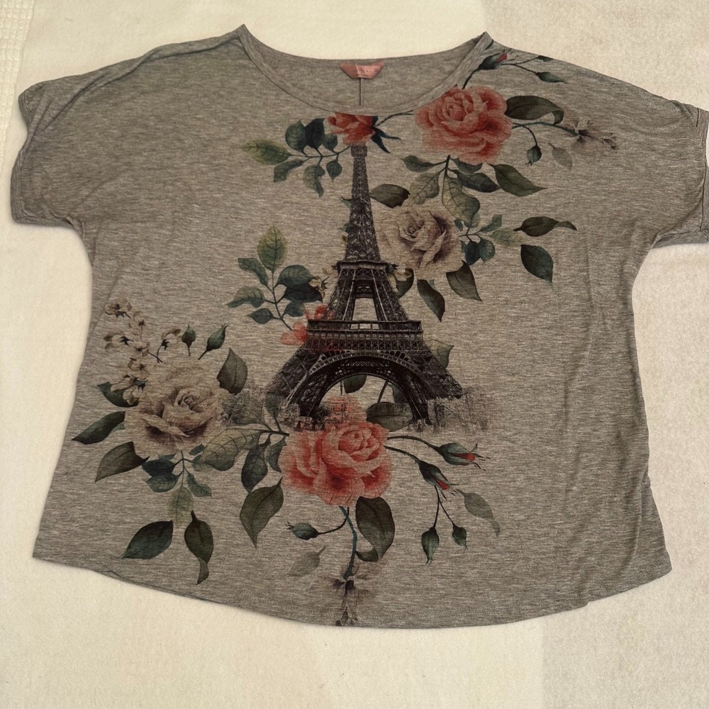 SJS Womens 2X Gray Eiffel Tower Rose Graphic Shirt Short Sleeve Paris Top Plus